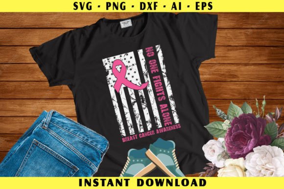 No One Fights Alone USA Flag Pink Ribbon Graphics